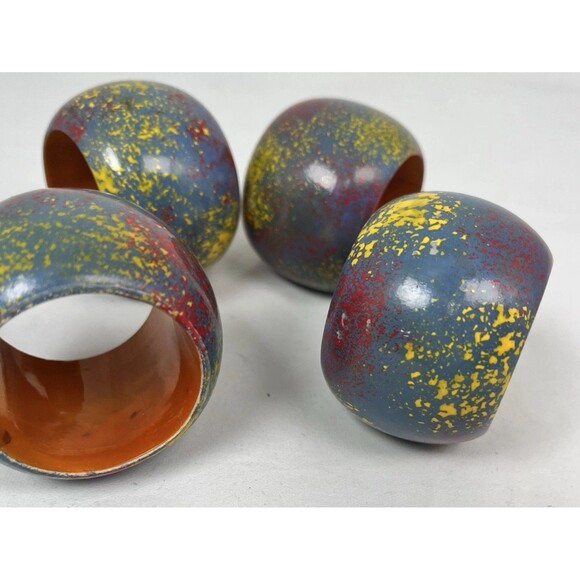 Set of 4 Boho Splatter Paint Multicolor Lacquered Wooden Napkin Rings Colorful - Picture 7 of 10